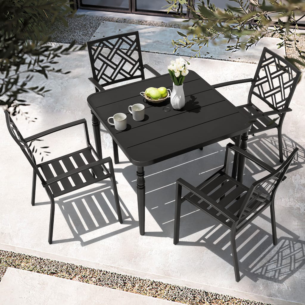 5-Piece Metal Patio Dining Set with Umbrella Hole and 4 Stackable Chairs