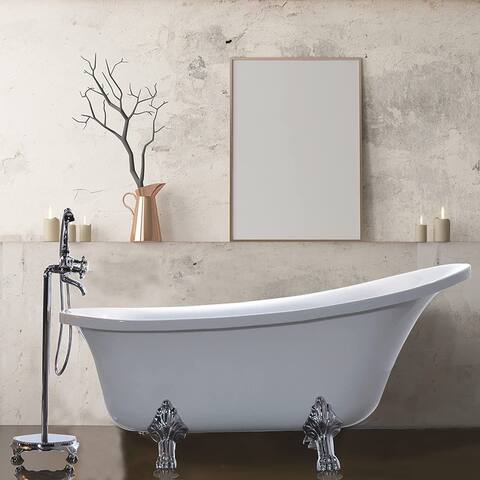 Vanity Art 68.9" Freestanding White Acrylic Bathtub Modern Stand Alone Soaking Tub with Polished Chrome & Pop-up Drain