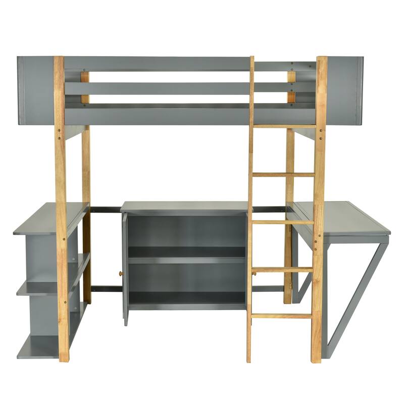 Space-Saving Twin Size Wooden Loft Platform Bed Frame with Storage Cabinet and Foldable Desk, Modern and Stylish for Bedroom