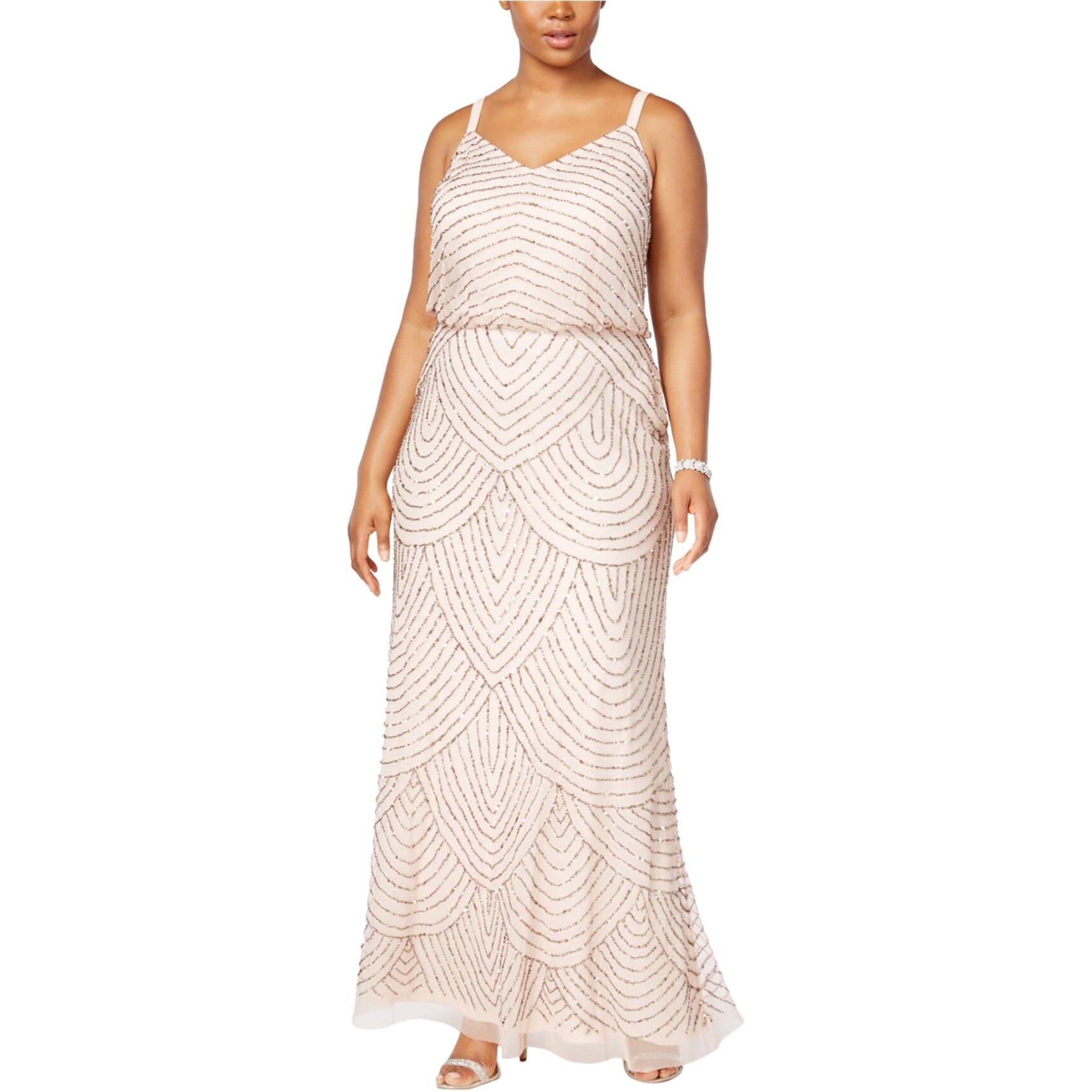 adrianna papell boho beaded mesh gown