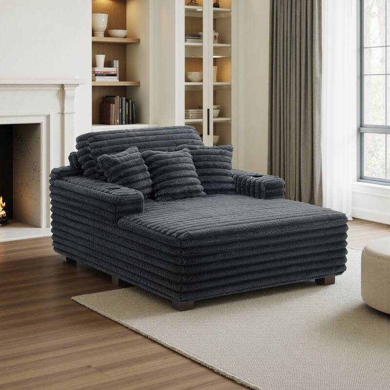 53"W Oversized Plush Fur-Like Chaise Lounge Sofa with Cup Holder - 1-piece - Dark Grey-Single