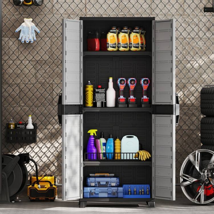 Black and Gray Tall Storage Cabinet with Adjustable Shelves Plastic Utility Cupboard for Garage Kitchen or Laundry Room