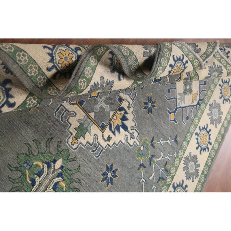 Hand Knotted Oriental 100% Wool Carpet Traditional Geometric Greys & Charcoal Kazak Area Rug - 9' 10'' X 6' 8''