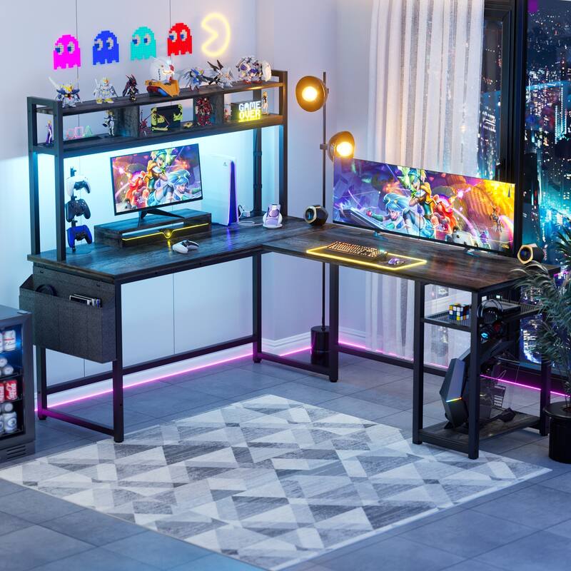 Reversible L-Shaped Desk with Storage Shelves and Hutch, Corner Desk with Charging Station and RGB LED Lights - Black Oak