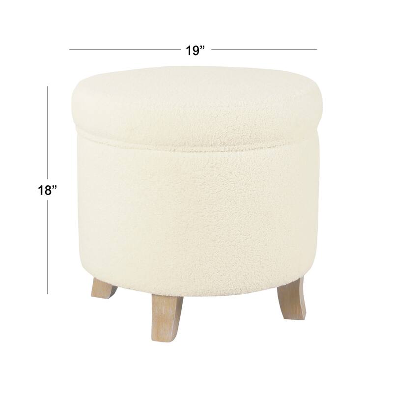 Loni Round Storage Ottoman, 19 Inch Beige Faux Sheepskin, Wood Legs