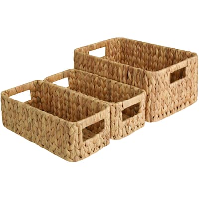 Water Hyacinth Storage Baskets Set of 3, Wicker Baskets with Handles for Bedroom, Bathroom, Pantry, Shelves