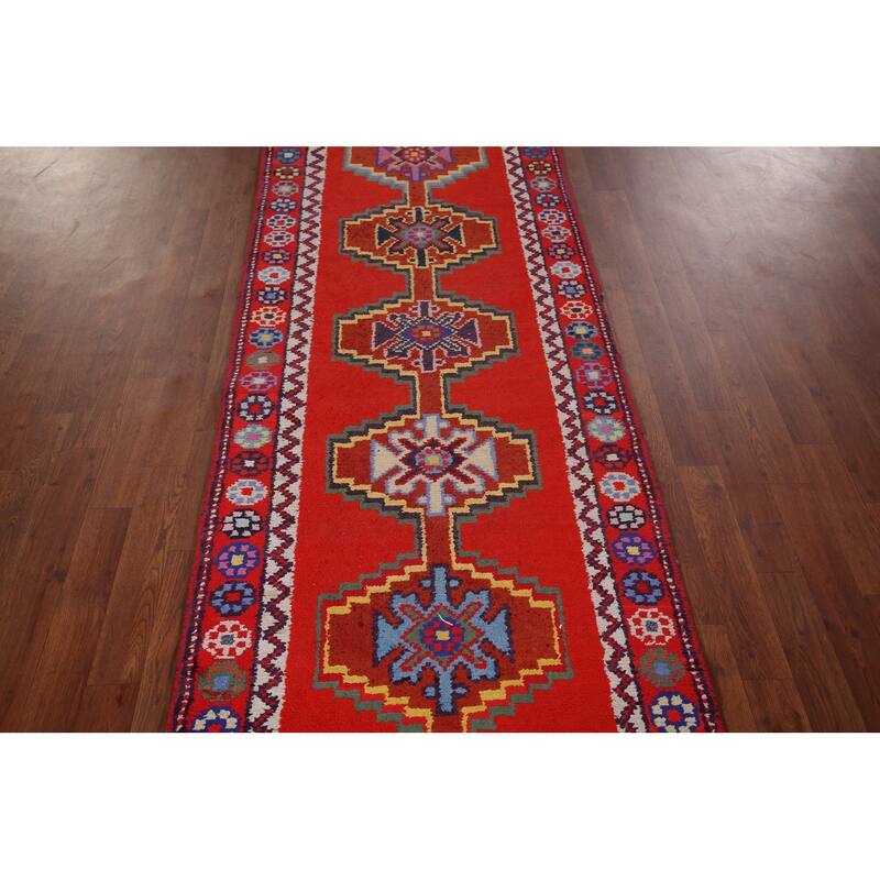 Red Geometric Anatolian Turkish Runner Rug Handmade Silk Carpet - 2'9"x 12'11"