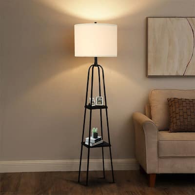 57.8" Black Column Floor Lamp With Shelve, Modern Tall Lamp With Fbric Shade