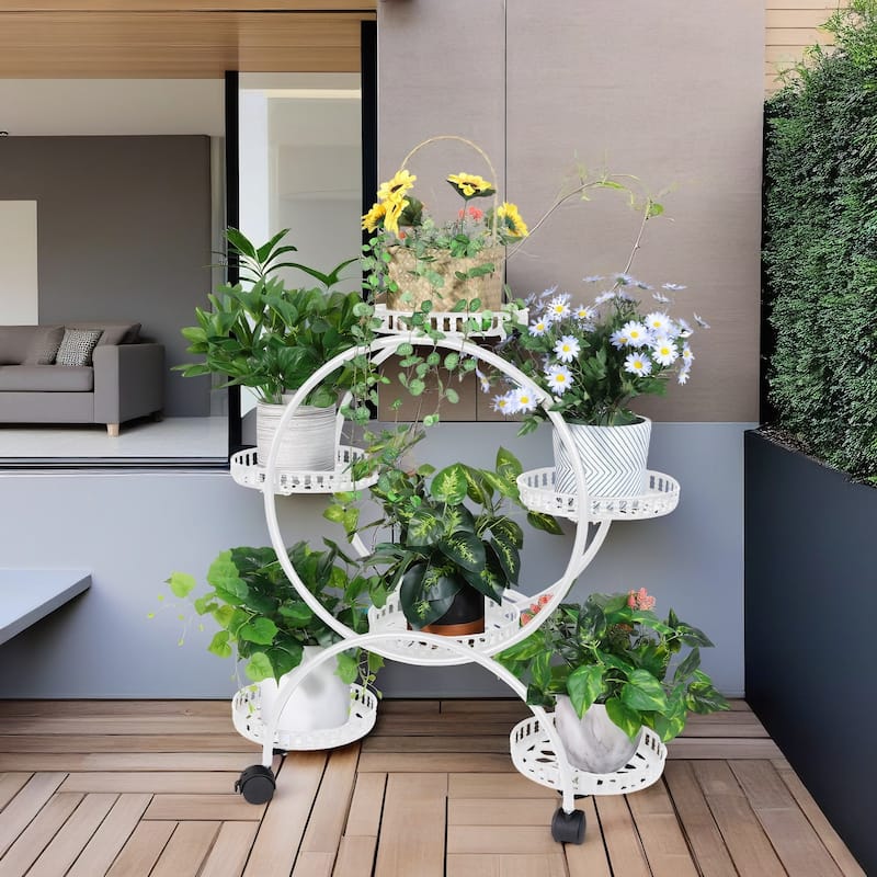Metal 4 Tier Plant Stand 6-Potted Flower Shelf Rack Pot Holder with Wheels