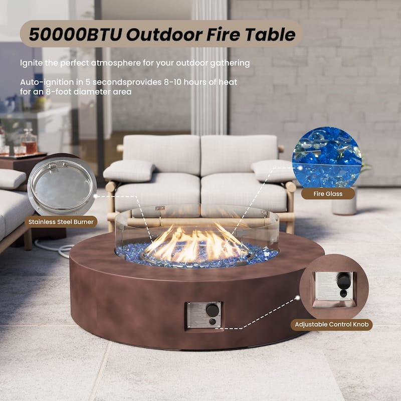 SUNBURY 42''Round Propane Fire Pit w Wind Guard and Fire Glass