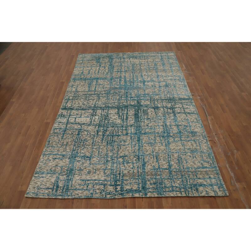 Hand Knotted Oriental Wool & Silk Carpet Modern Abstract Navy Blue & Blues Nepalese Area Rug - 10' 2'' X 6' 3''