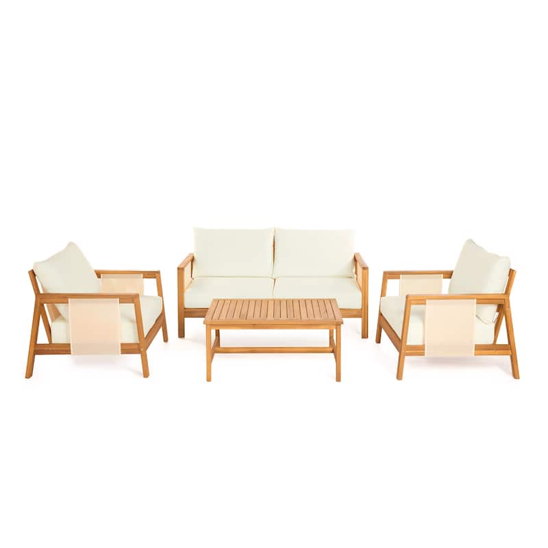 Christopher Knight Home - Arno Mid-Century Modern Outdoor Acacia Wood Sofa Seating Set with Cushions and Coffee Table - Teak finish+Brown Textilene+Beige cushion