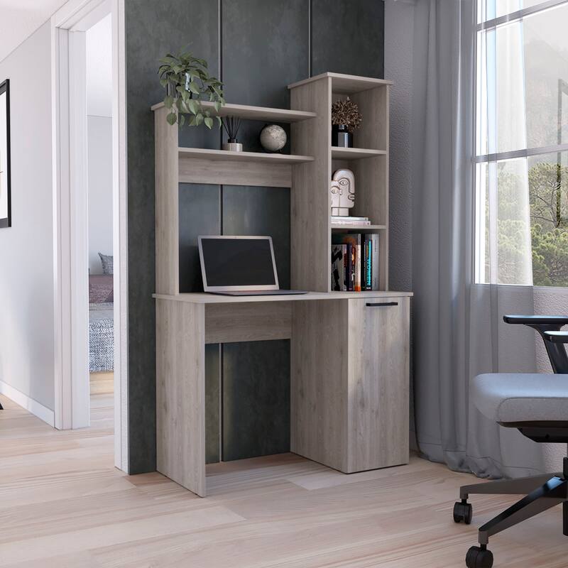 Contemporary Writing Desk with Spacious Work Surface, Hutch Storage, and Stylish Shelves for Home Office Organization - Light Gray
