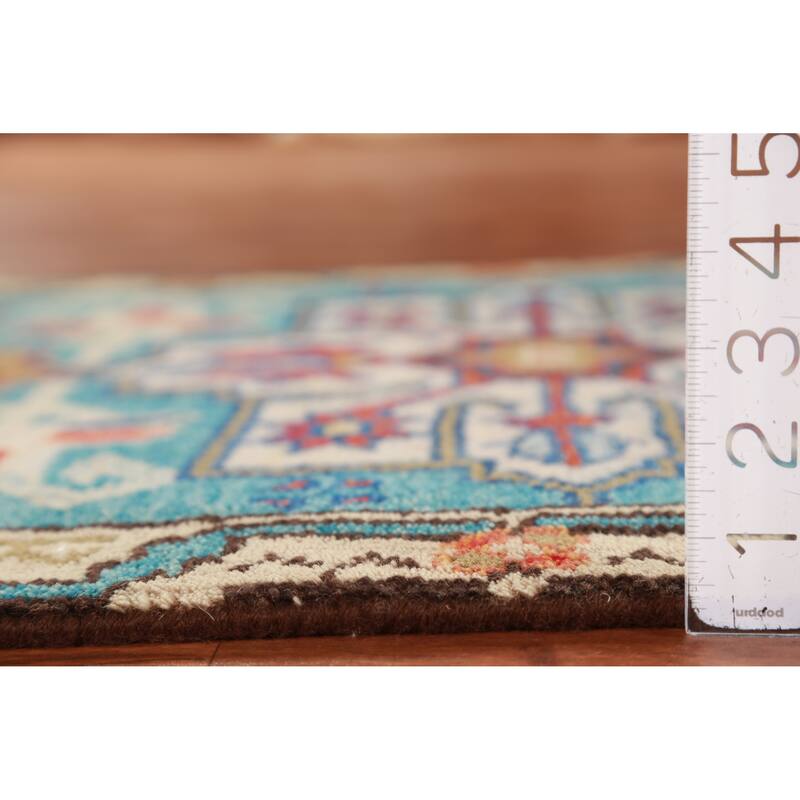 Hand Knotted Oriental 100% Wool Carpet Traditional Geometric Navy Blue & Blues Kazak Runner Rug - 8' 1'' X 2' 7''