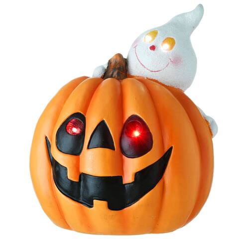 12" Orange LED Lighted Happy Pumpkin and Ghost Decor, Multi Lights