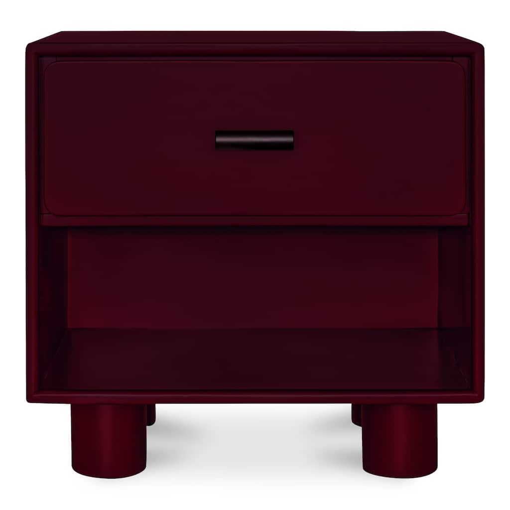 NADAAL STUDIOS Saryn Nightstand, 1-Drawer, Playful Legs with Open Shelf Rubberwood Frame, Deep Red