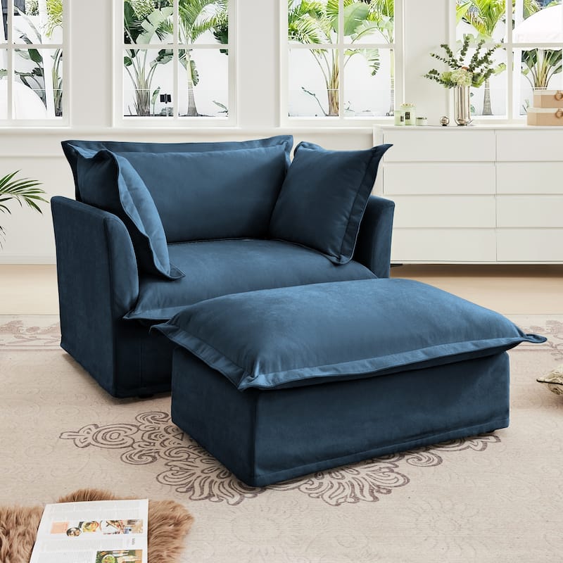 Chenille Slipcovered Deep Seat Armchair with Ottoman & Large Soft Pillows
