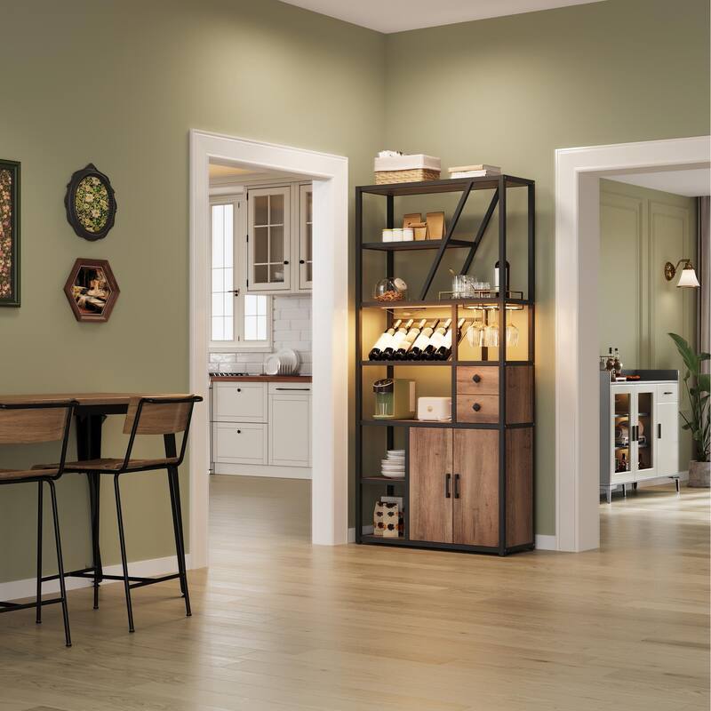 Wine Bar Cabinet with LED Lights, Tall Coffee Bar Station with Power Outlets and Wine Rack