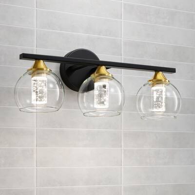 3-Light Black and Gold Bathroom Vanity Light Over Mirror with Clear Glass Shades - Bed Bath ...