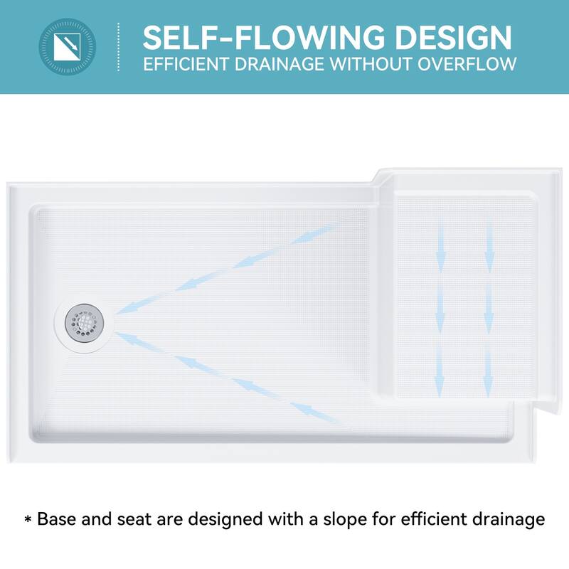 HOROW 60 x 32 Inch Alcove Shower Pan Base in White with Built In Seat - Left Drain Location