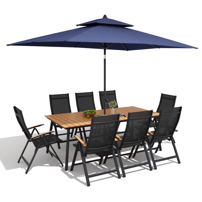 9/11-Piece Outdoor Aluminum Patio Dining Set w/10 ft Umbrella and Base, Rectangle Table and Folding Chairs