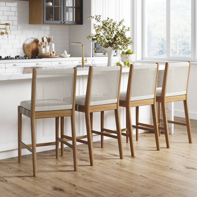 Kayden Solid Wood Dining Chair or Bar Stool with Woven Rope Backrest, Upholstered Stool for Kitchen or Bar