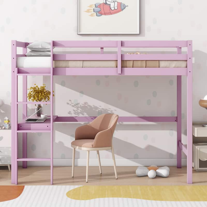 Pink Twin High Loft Bed with Safety Guardrail, Built-in Desk and Ladder, Rubber Wood Construction