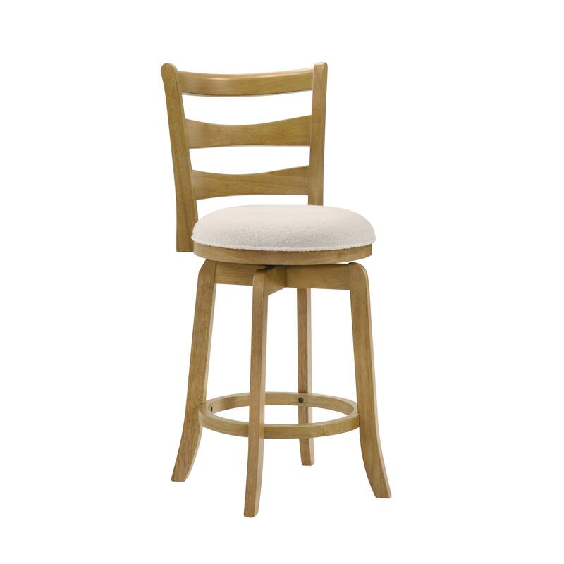 Melindra White Boucle Swivel Bar Stool, Upholstered Counter Stool with Solid Wood Legs