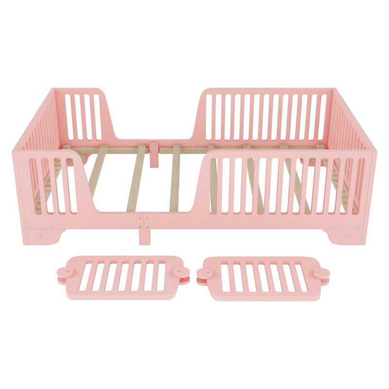 Montessori Floor Bed with Detachable Door, No Box Spring Needed, Kids Platform Bed with Slats and Fence
