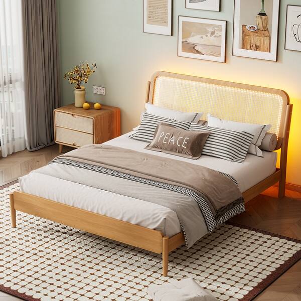 slide 2 of 20, Queen Size Platform Bed with LED Headboard and Rattan Accent, Natural Wood