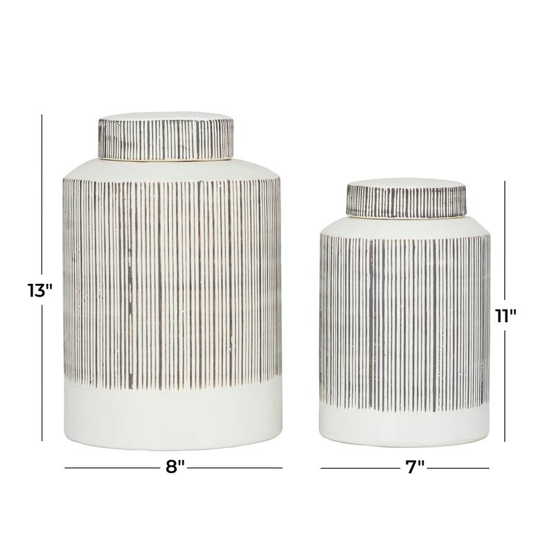 CosmoLiving by Cosmopolitan White Ceramic Striped Living Room Decorative Jars (Set of 2) - 8 x 8 x 13