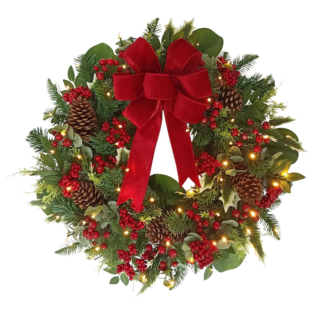 Puleo International 26" Battery-Operated Pre-Lit Decorated Artificial Wreath