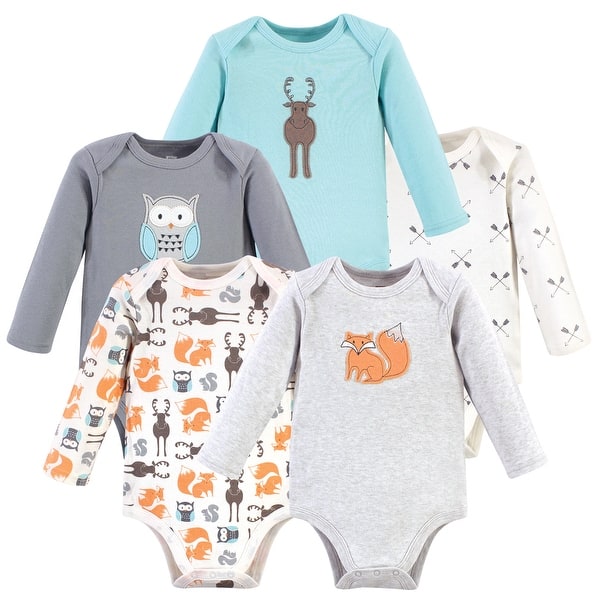 slide 1 of 1, Hudson Baby Cotton Long-Sleeve Bodysuits 5pk, Gray Forest 0-3 Months - Gray Forest