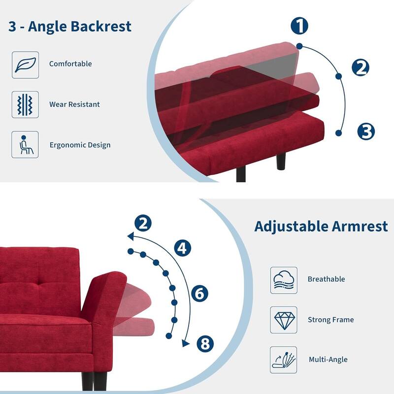89" Futon Sofa Bed, with Adjustable Backrest & Armrest