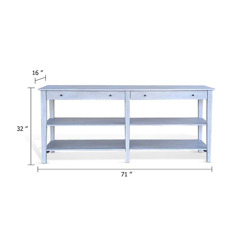 Meny Sofa Console Table, 71 Inch with Shelves, Light Gray Solid Wood