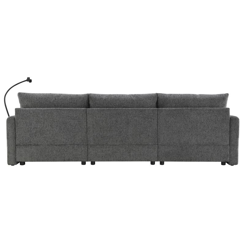 L Shaped Chenille Sectional Sofa with Storage Ottoman, Pockets, USB