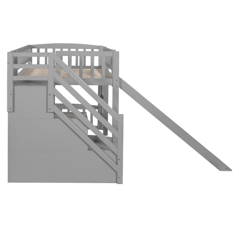 Twin Size Loft Bed with Slide, Storage Staircase and Safety Guardrails