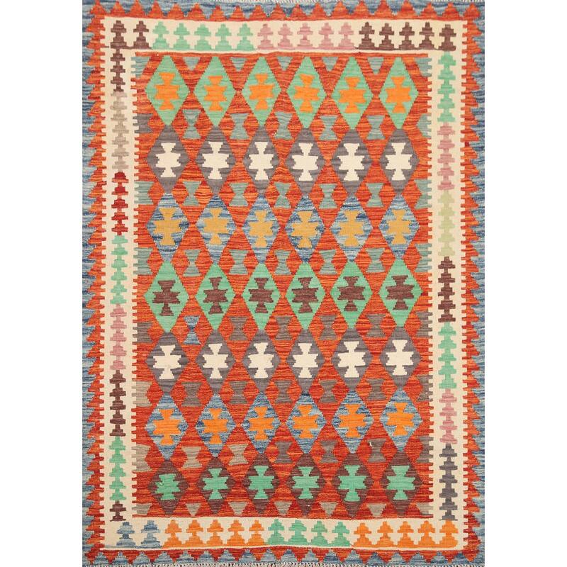 Hand Woven Oriental 100% Wool Carpet Southwestern All-Over Oranges & Rust Kilim Area Rug - 6' 2'' X 5' 0''