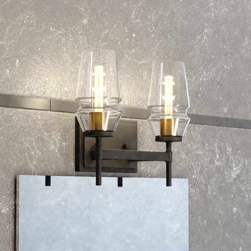 Warren Black and Brass Mid Century Modern Bathroom Vanity Wall Sconce Light Fixture Clear Glass - Matte Black and Brushed Brass - 13-in W x 11.25-in H x 5.5-in D
