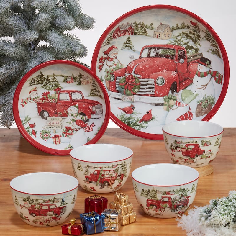 Certified International Red Truck Snowman 16 pc Dinnerware Set, Service for 4
