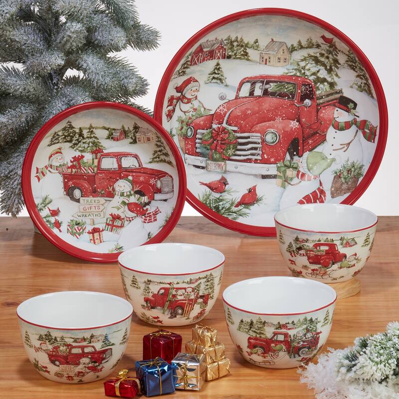 Certified International Red Truck Snowman Rectangular Platter, 14" X 10"