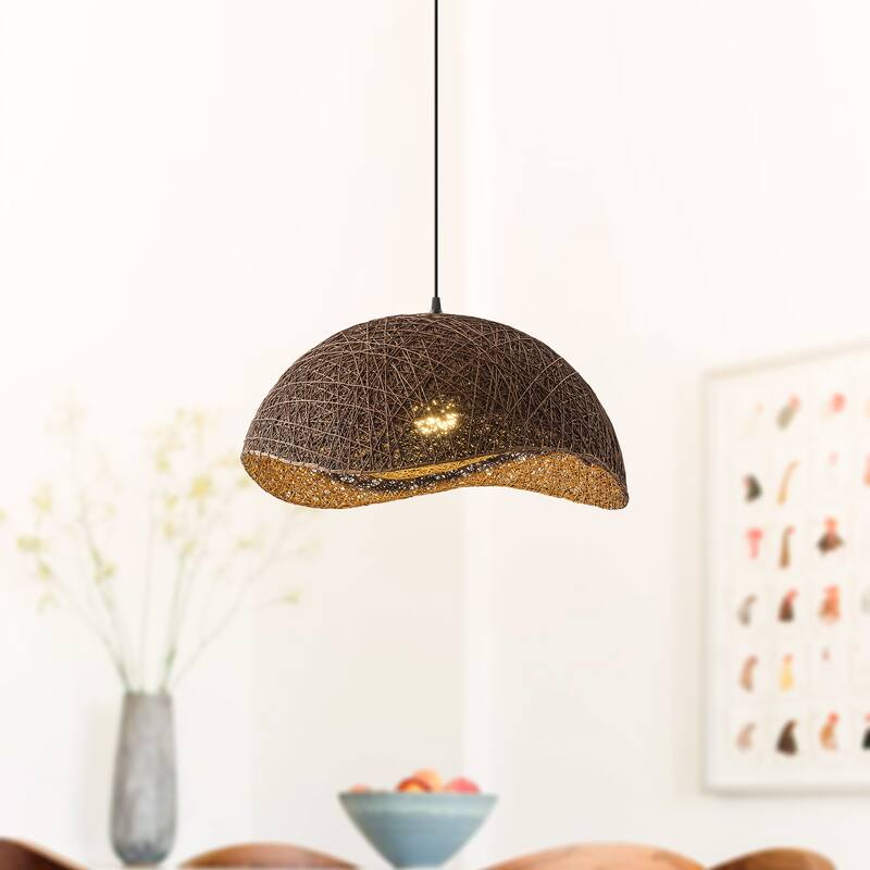 1-Light Boho Brown Rattan Hand-Woven Cloche Hanging Basket Pendant Light - 20.47" W x 12.59" H
