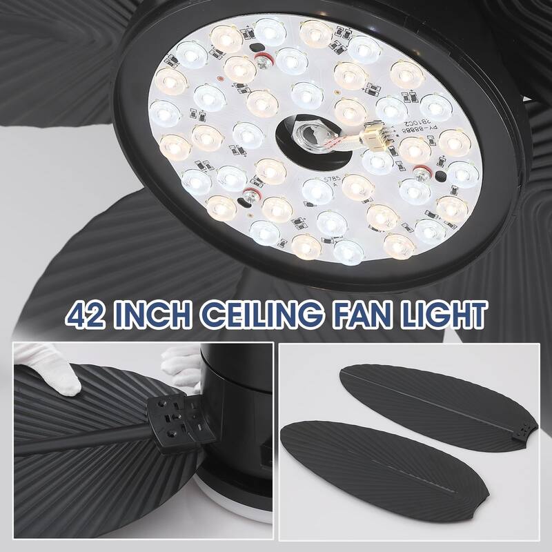 42 Inches Flush Mount Ceiling Fan with Light and Palm Leaf ,3CCT Dimmable LED Integrated,for Indoor and Outdoor - 42 Inches