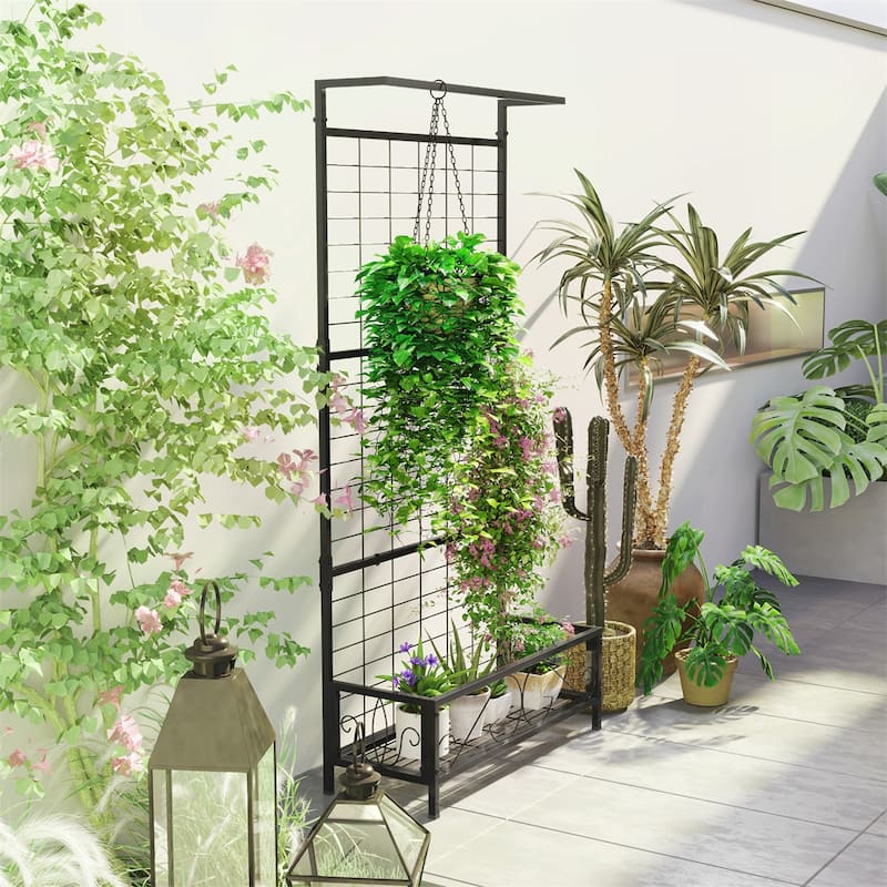 74-Inch Tall Steel Flower Stand with Trellis and Hanging Basket Roof for Garden Patio Plants - 36.2" W x 12.8" D x 74.2" H