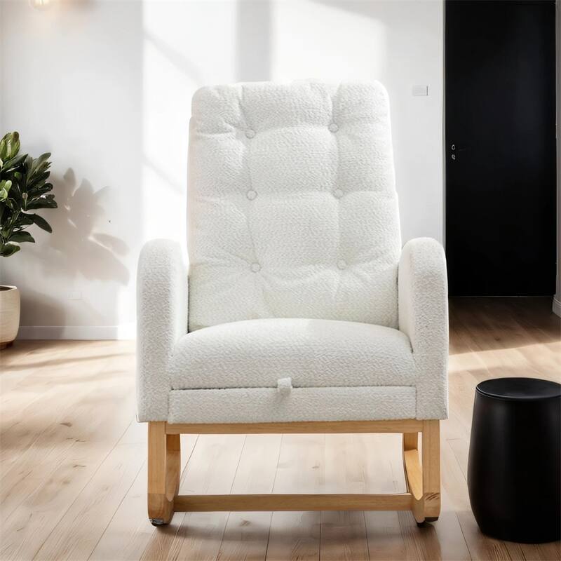 High Back Wood Rocking Chair with Footrest and Side Storage Pocket