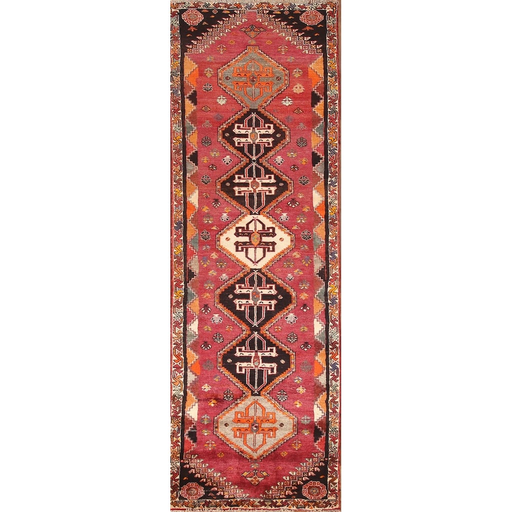 Hand Knotted Oriental 100% Wool Carpet Traditional Tribal Pink Shiraz Runner Rug - 9' 7'' X 2' 9''