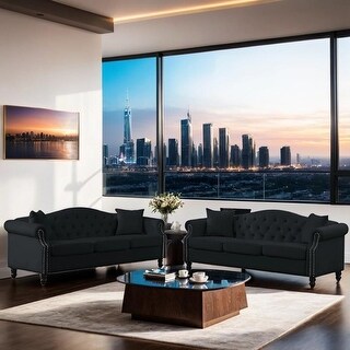 Contemporary 79" Chesterfield Sofa Black Velvet, 3 Seater Sofa Tufted ...