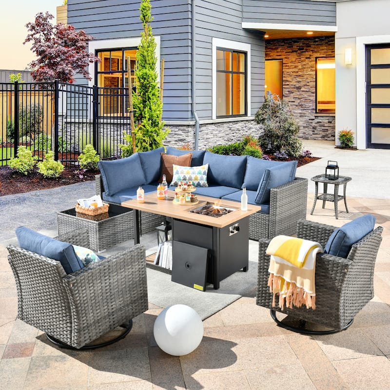 XIZZI 9-piece Outdoor Patio Wicker Sectional Sofa Set with Fire Pit Table - Denim Blue