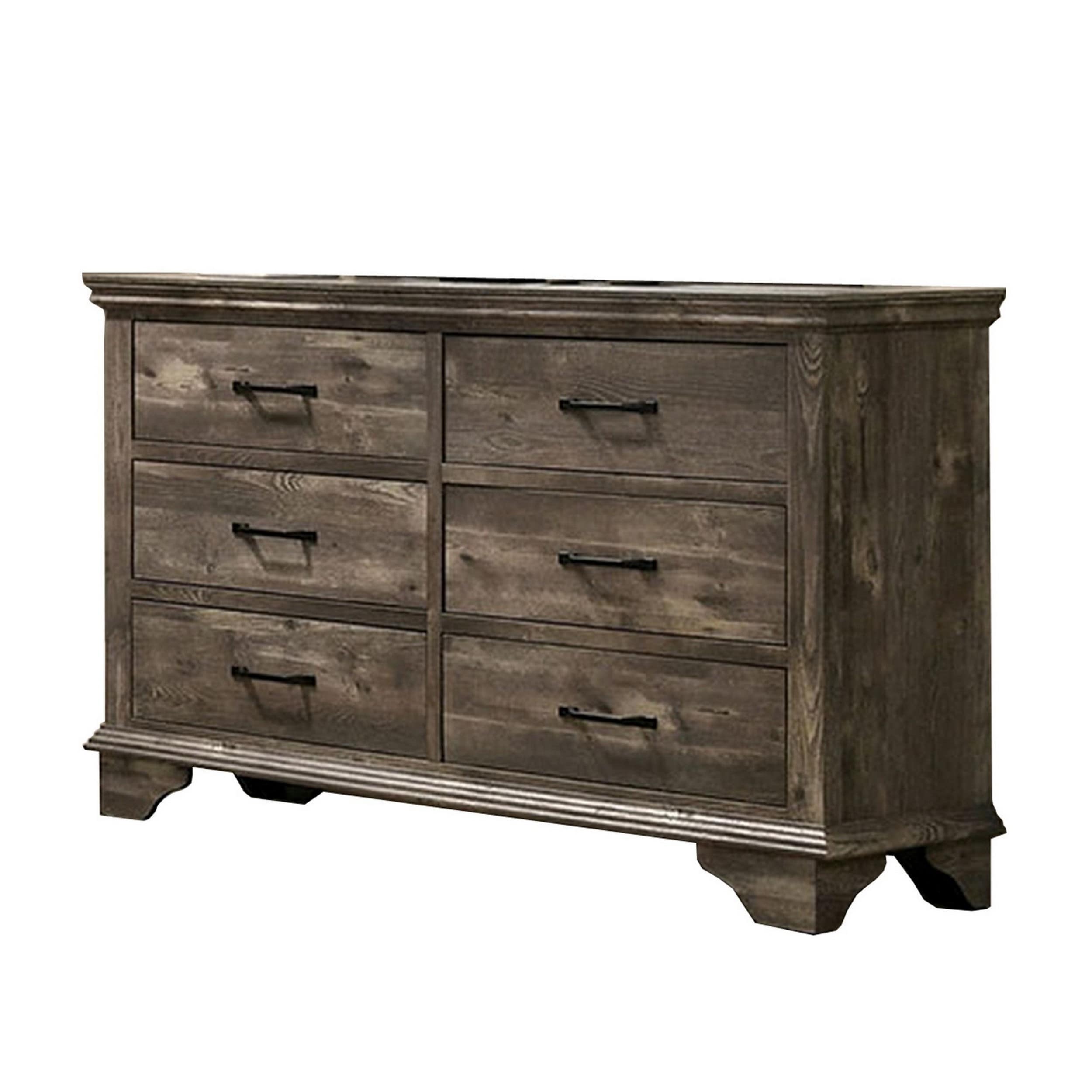 Fiza 60 Inch Wide Dresser Chest, 6 Gliding Drawers, Rustic Gray Solid Wood