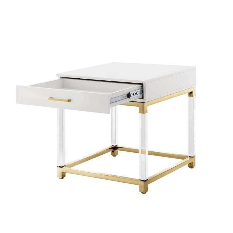 HomeRoots 24" White and Gold Wood Acrylic and Stainless Steel Square End Table With Drawer - 24' X '24' X '24